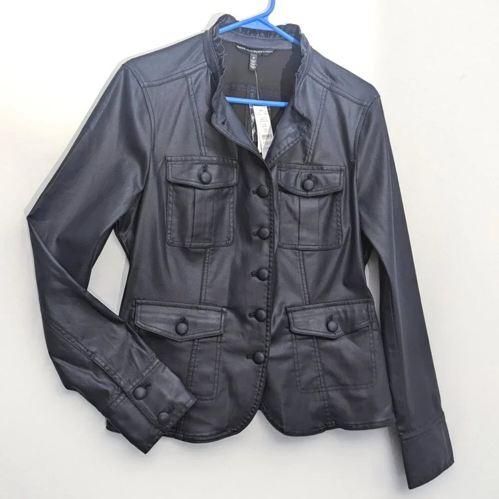 WHBM $180 NAVY Coated Denim Military Jacket Officer Blue Stretchy WASHABLE 14/12